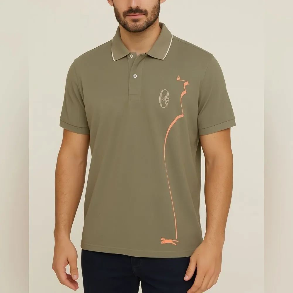 Conte of Florence Men's Olive Polo Shirt With Orange Accents Size XL